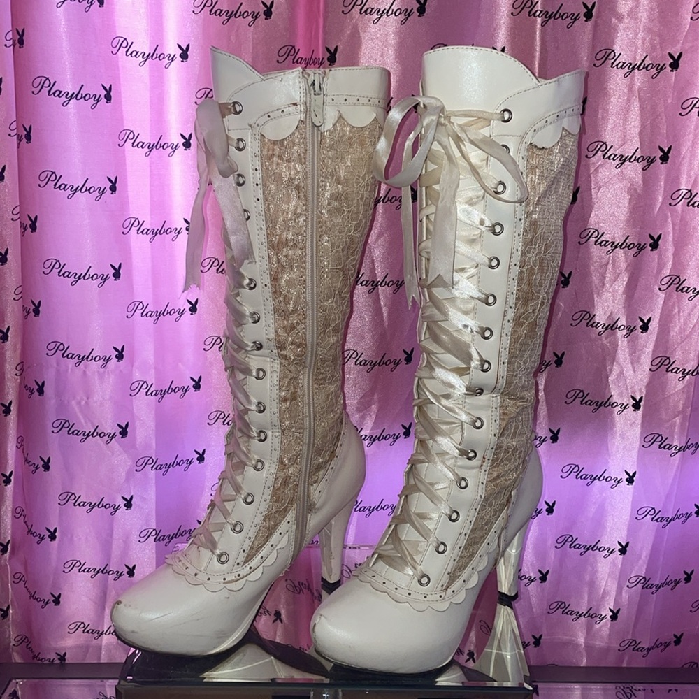 Ellie Shoes Ivory Lace-Up Victorian Heeled Boots - Picture 3 of 11